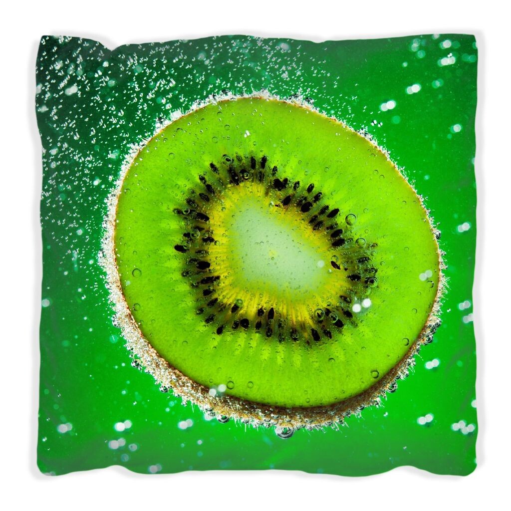 

Подушка Wallario Premium, мягкая поверхность, с ломтиком зеленого киви с водным мотивом, размер: 60 x 60 см, с белой спинкой