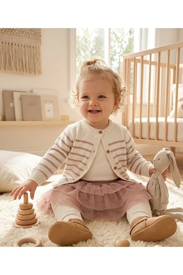 Детский кардиган для девочек с полоской Lila triko baby cardigan Ida Triko, Ecru-Pink