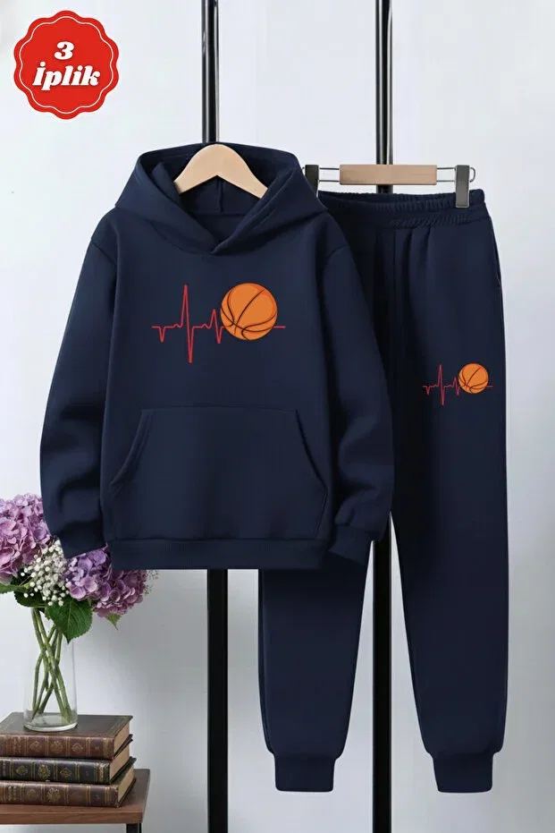 Детский спортивный комплект для мальчиков с принтом 3 iplik winter ş fleece-lined pulse basketball print detailed Panios Kids, Navy Blue