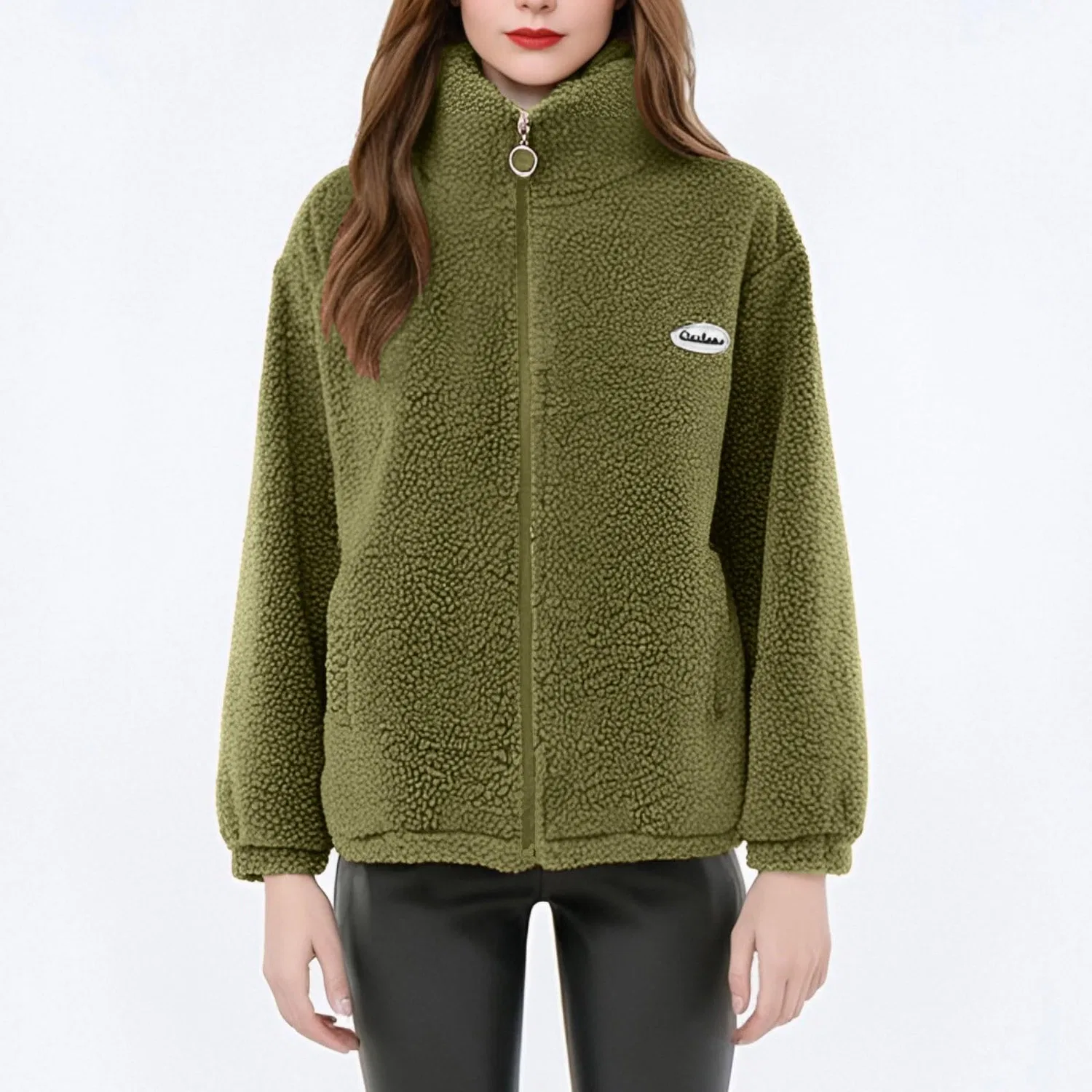 Женское зимнее пальто с воротником-стойкой из флиса, green — фото 3