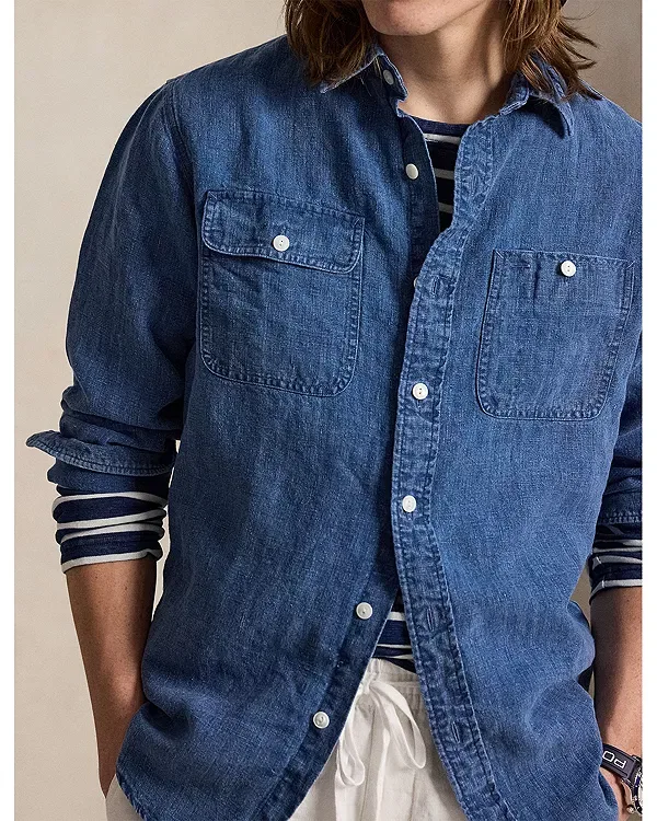 Мужская рубашка из льна с длинным рукавом Polo Ralph Lauren, синий — фото 4