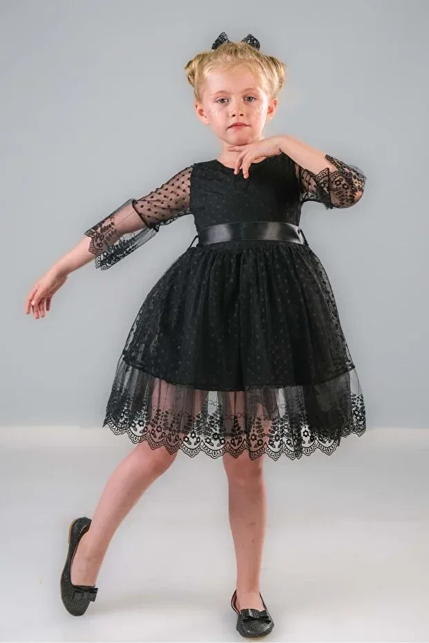 Детское платье для девочек с длинным рукавом Dream luxury lace girls dress 0327 Mnk, Black — фото 2