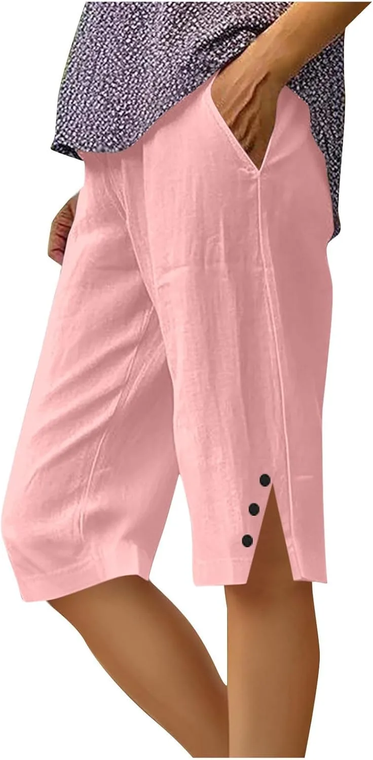 

Женские шорты из хлопка и льна, прямые, до колена, с карманами