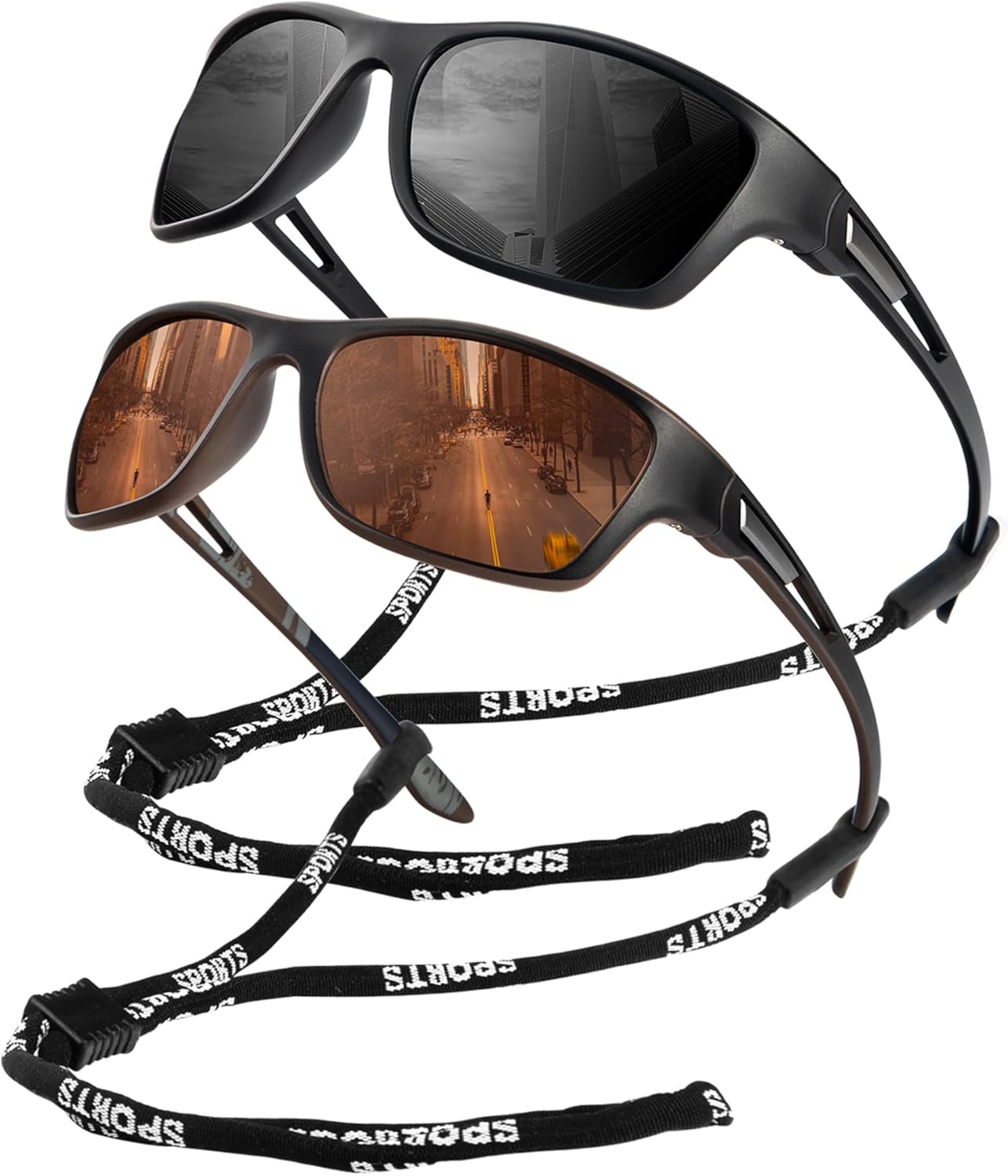 

Поляризованные солнцезащитные очки KALIYADI для мужчин, спортивные солнцезащитные очки для вождения, езды на велосипеде и рыбалки с защитой от УФ-излучения, (2 Pack) Matt Black/Brown