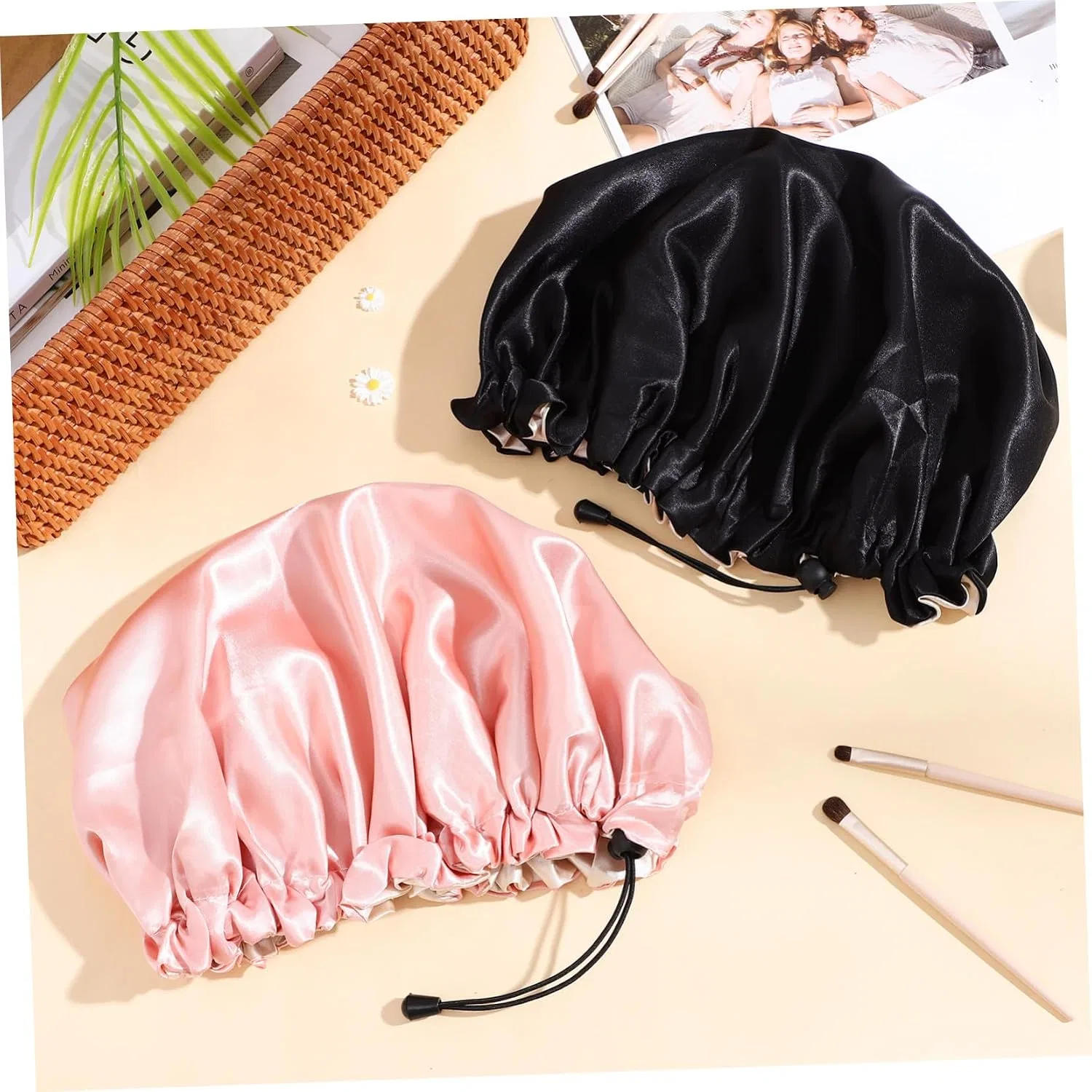 Шапочка для душа Satin, 4 шт, IWOWHERO, Черный, Розовый — фото 3