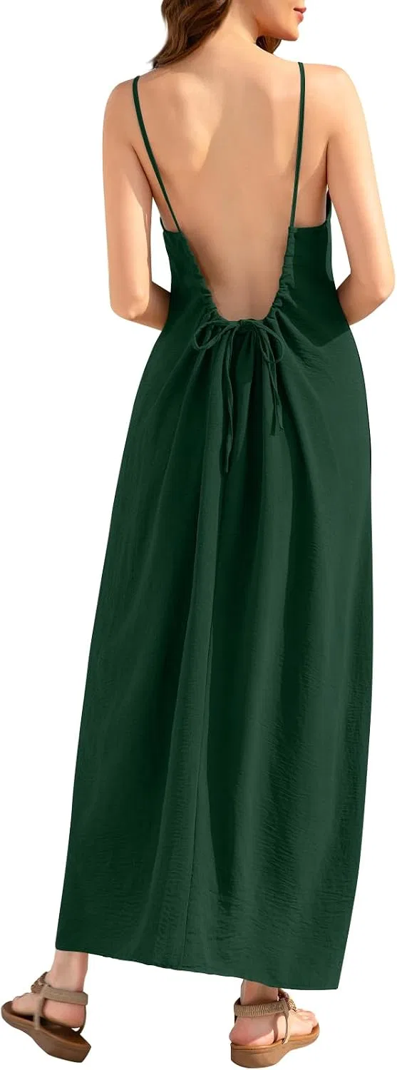Женское платье-комбинация на бретелях с открытой спиной Backless, Army Green — фото 2