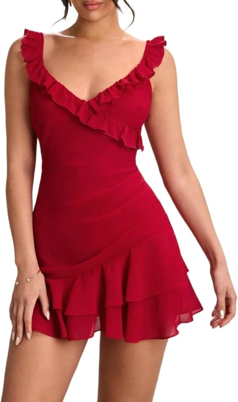 Женское мини-платье без спинки A-line Cami с рюшами, Red