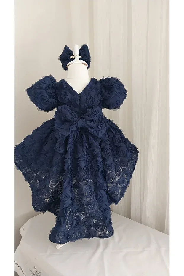 Детское платье для девочек с принтом 3D Rose Tail Queen Tasarım, Navy Blue — фото 4