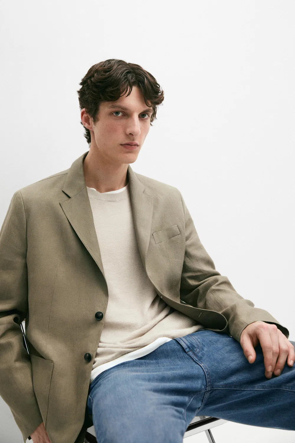 Блейзер из 100% льна Massimo Dutti, Greenish — фото 4
