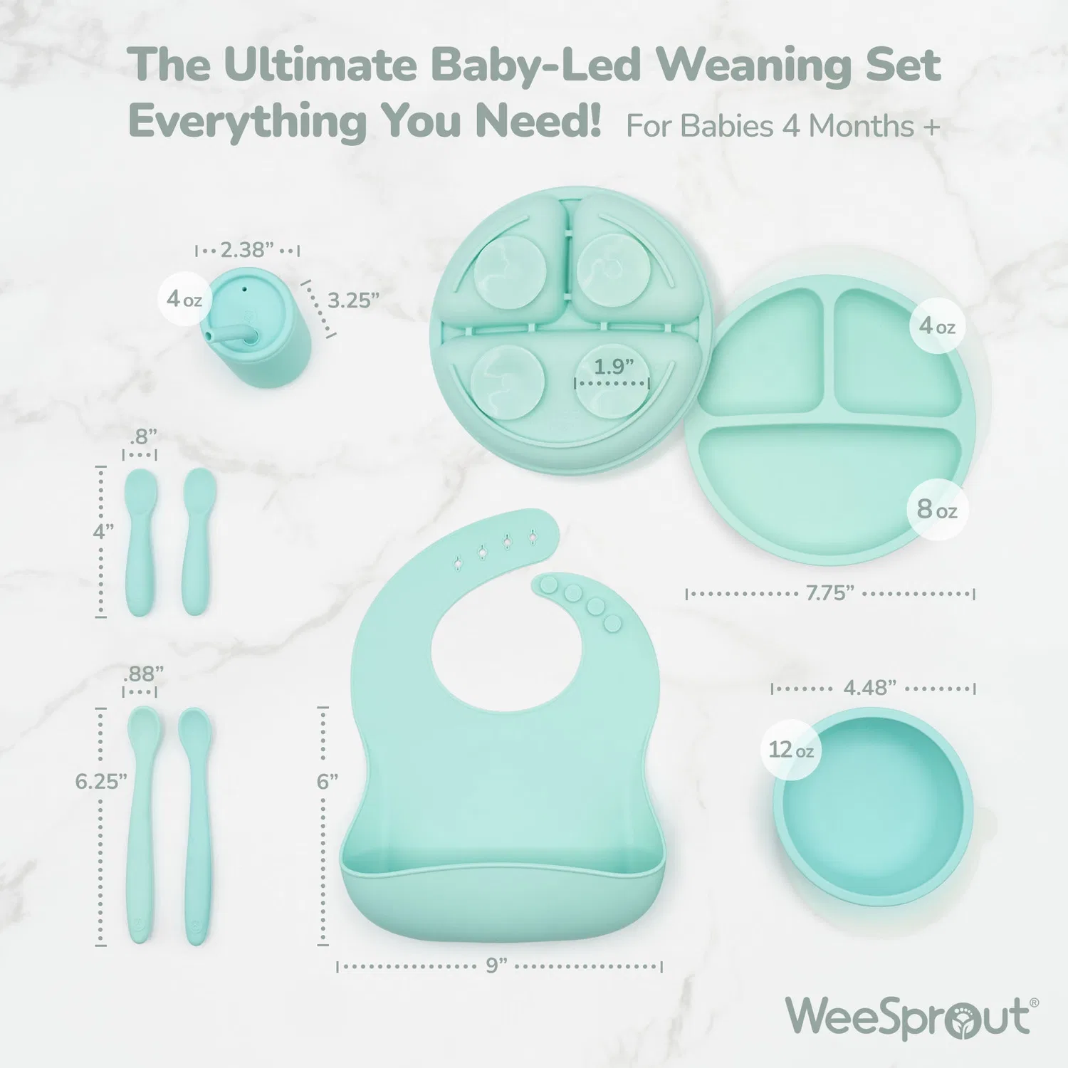 Набор для прикорма Baby Led Weaning, 8 предметов, силикон, WeeSprout, green — фото 2