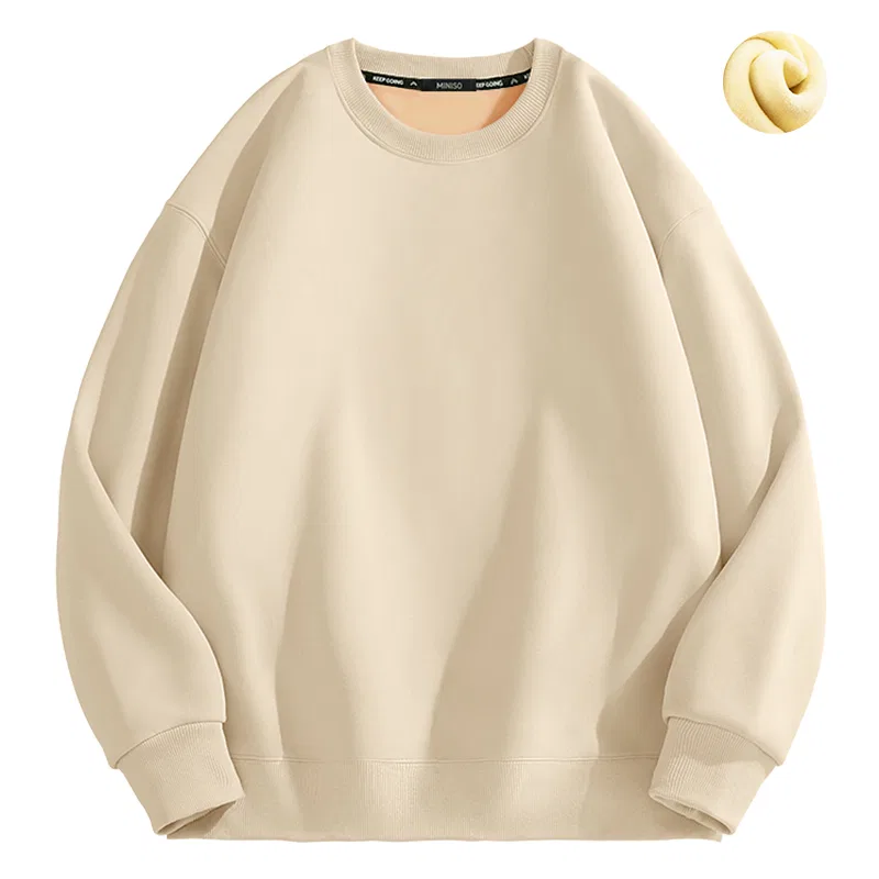 Детский свитшот с начесом Круглая горловина Умеренный Oversize MINISO, Fleece-Lined Khaki Solid Color