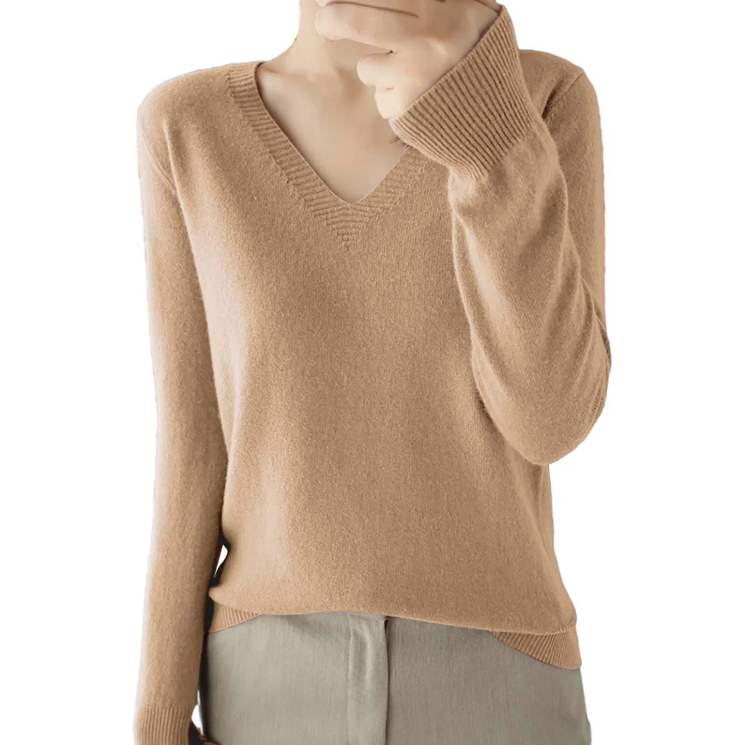 Женский свитер с V-образным вырезом с длинным рукавом, однотонный, Dark Khaki