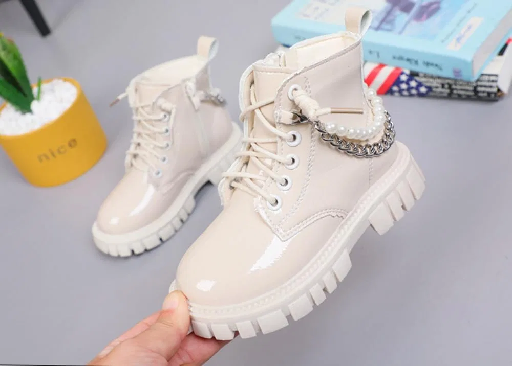 Детские ботинки для девочек с жемчужной цепочкой Mivtait, Beige — фото 2