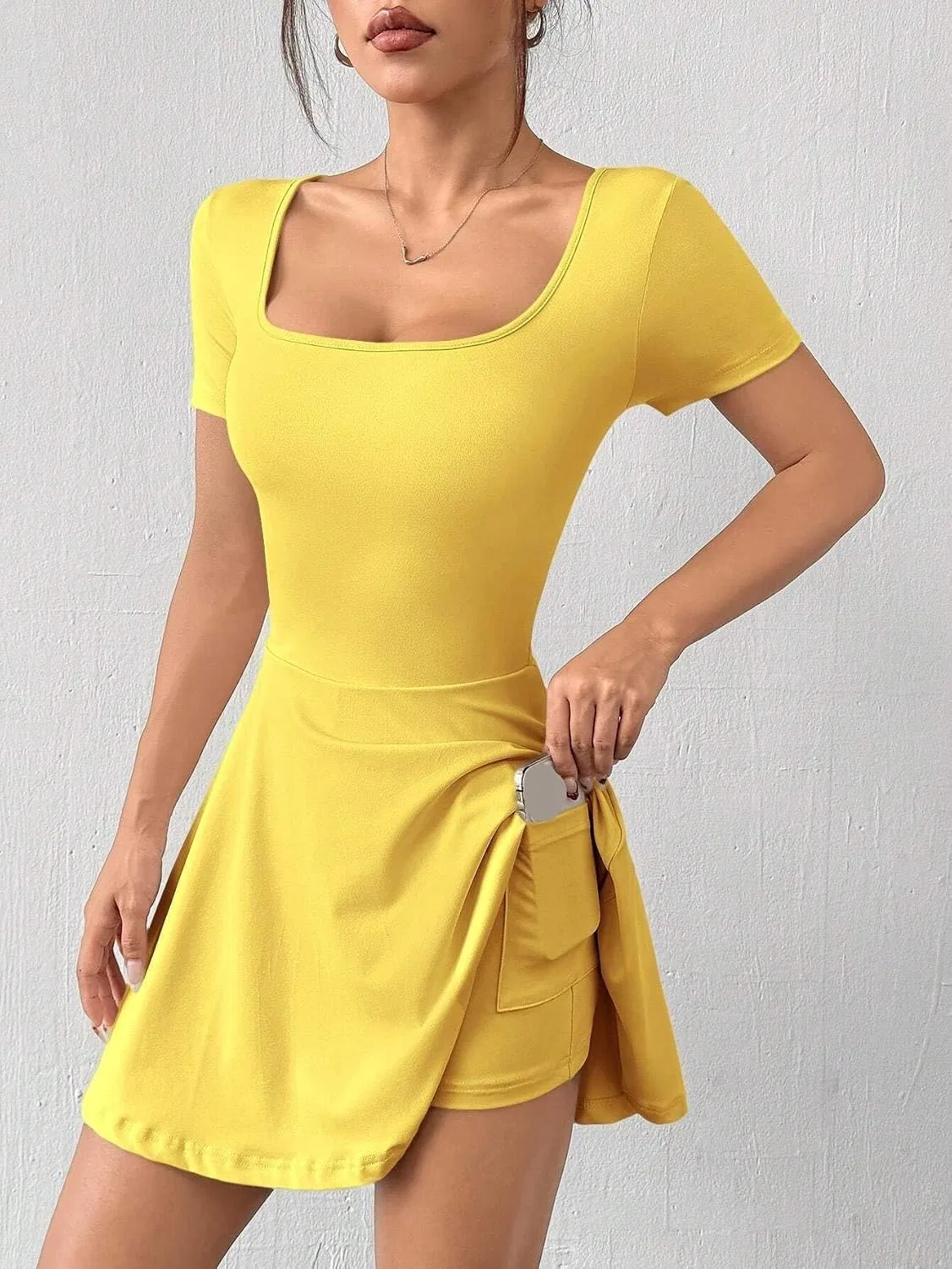 Женское мини-платье A-силуэта с квадратным вырезом, Yellow — фото 4