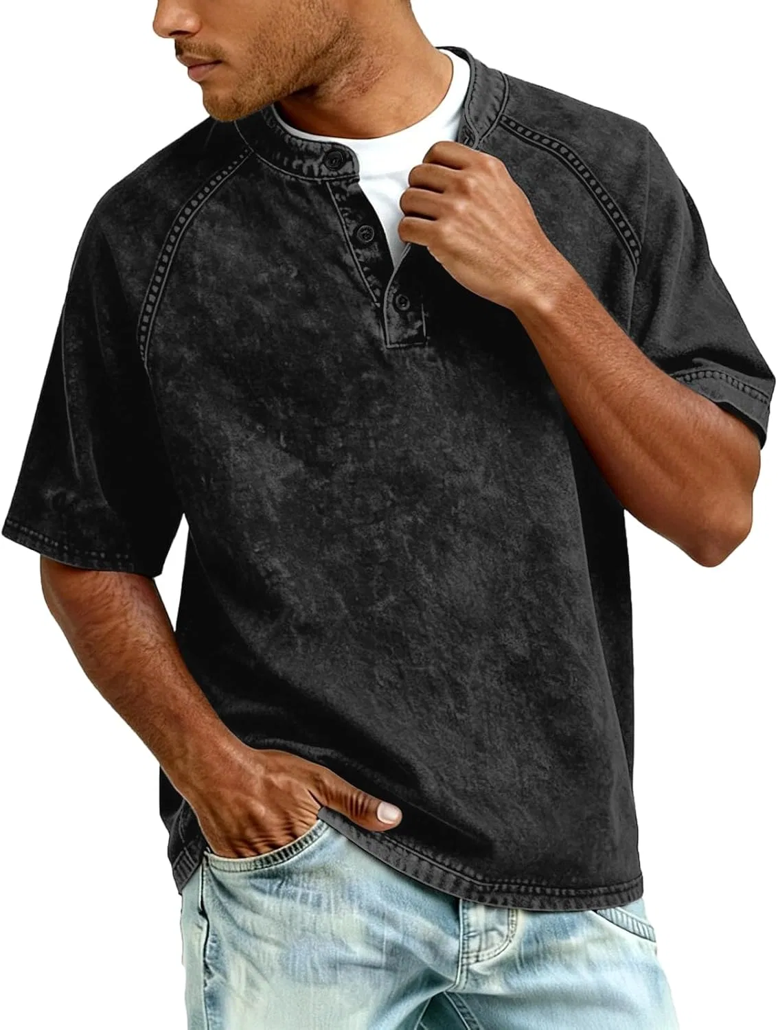 Мужская футболка-поло с эффектом потертости Relaxed Fit, Black — фото 2