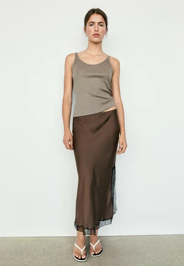 Юбка кружевная Lace-trimmed midi skirt Massimo Dutti, темно-коричневый — фото 2