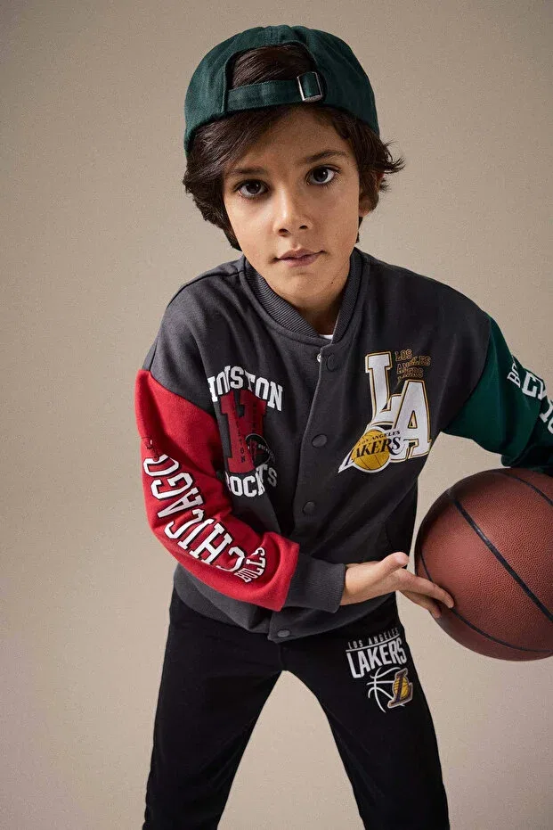 Детская куртка-бомбер с принтом NBA Current Teams College Collar Back Printed Defacto, Anthra — фото 2
