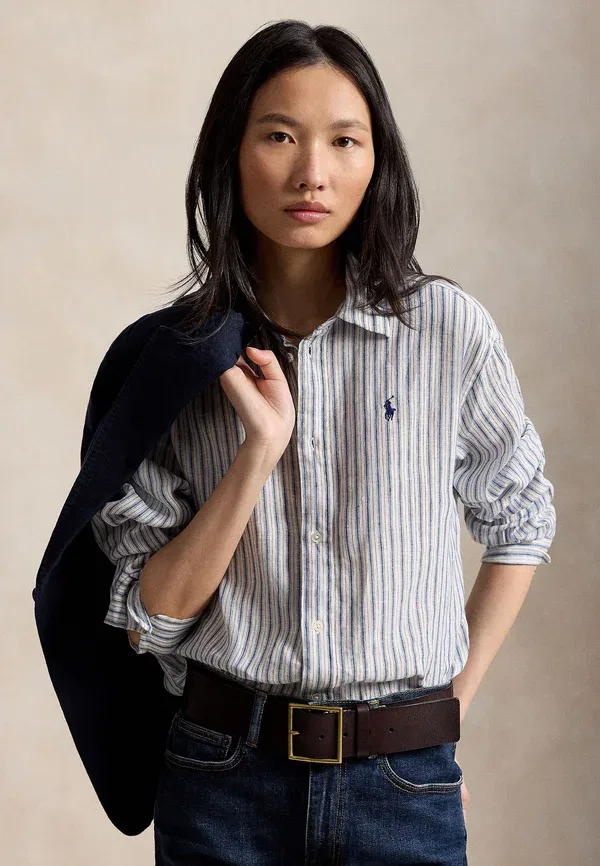 Блуза льняная Wide cropped gingham linen shirt buttondown blouse Polo Ralph Lauren