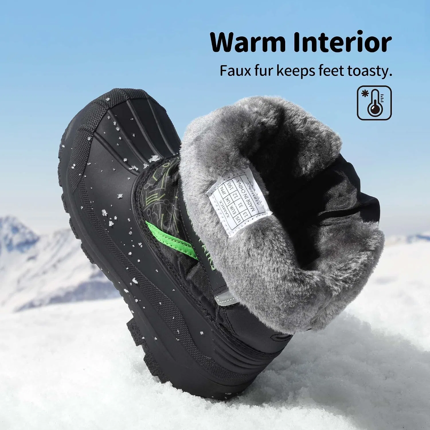 Детские зимние водонепроницаемые снежные ботинки DREAM PAIRS, Black/Green — фото 4