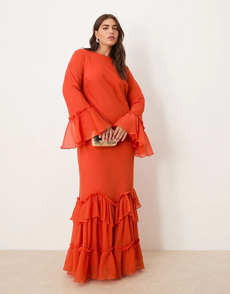 

Длинное платье шифона ASOS DESIGN Curve с многоуровневыми оборками и длинными рукавами красного цвета Asos Curve