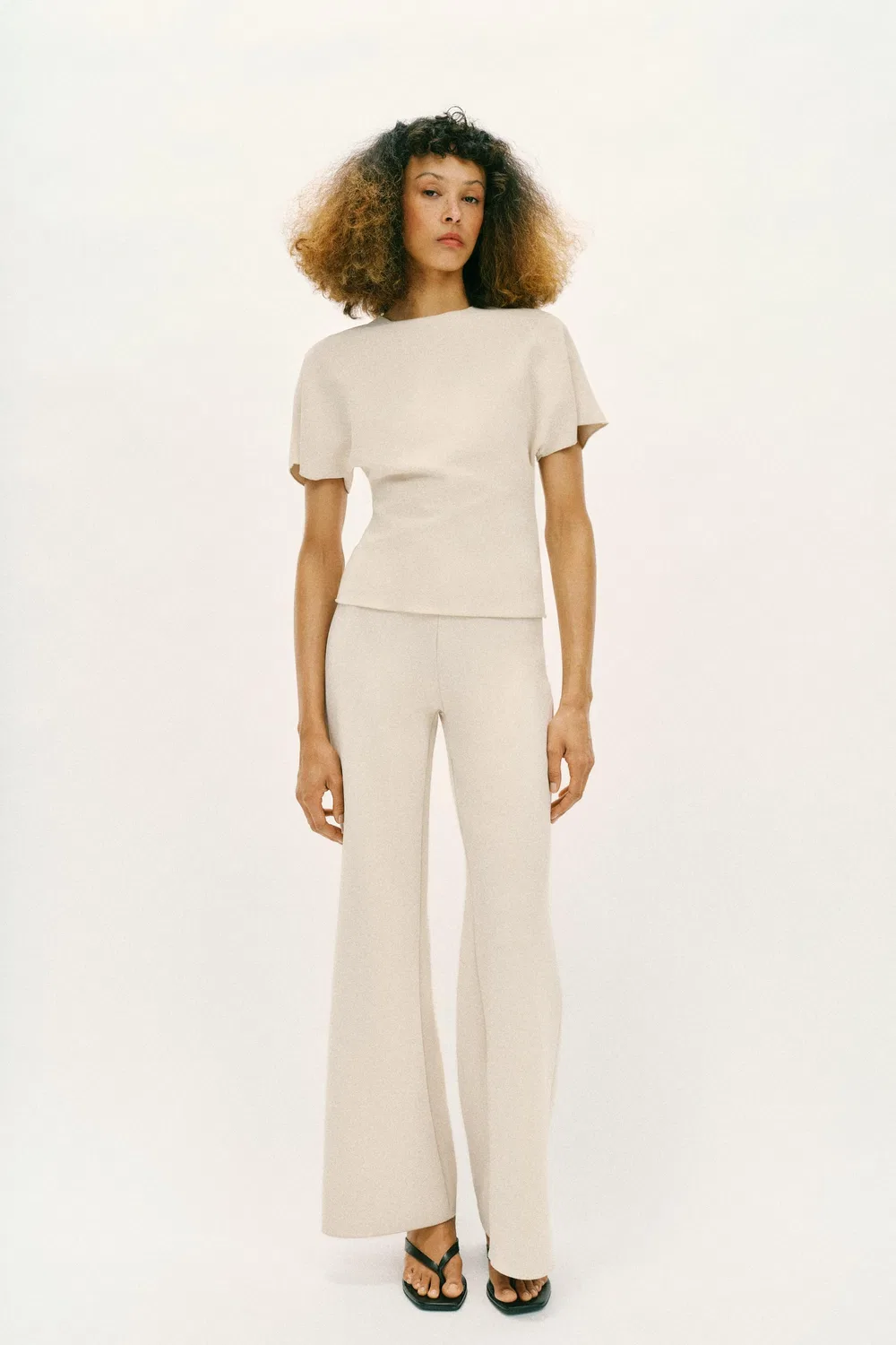 Эластичные широкие брюки ZARA, Ecru