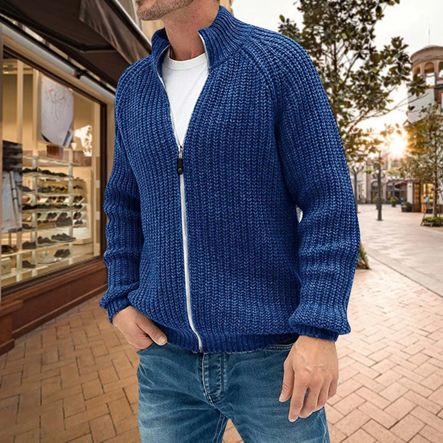 Мужской вязаный кардиган с воротником-стойкой из шерсти, Blue — фото 2
