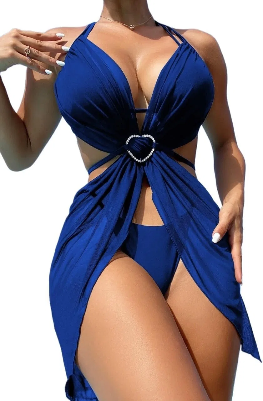Женский бикини-комплект с халтером и завязками на спине, 3 предмета, Royal Blue
