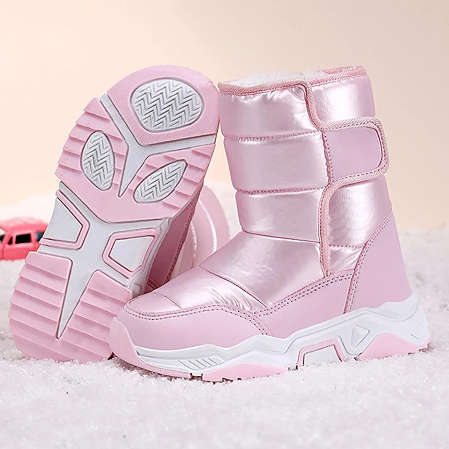 Детские зимние сапоги для мальчиков и девочек с мехом, Pink — фото 3