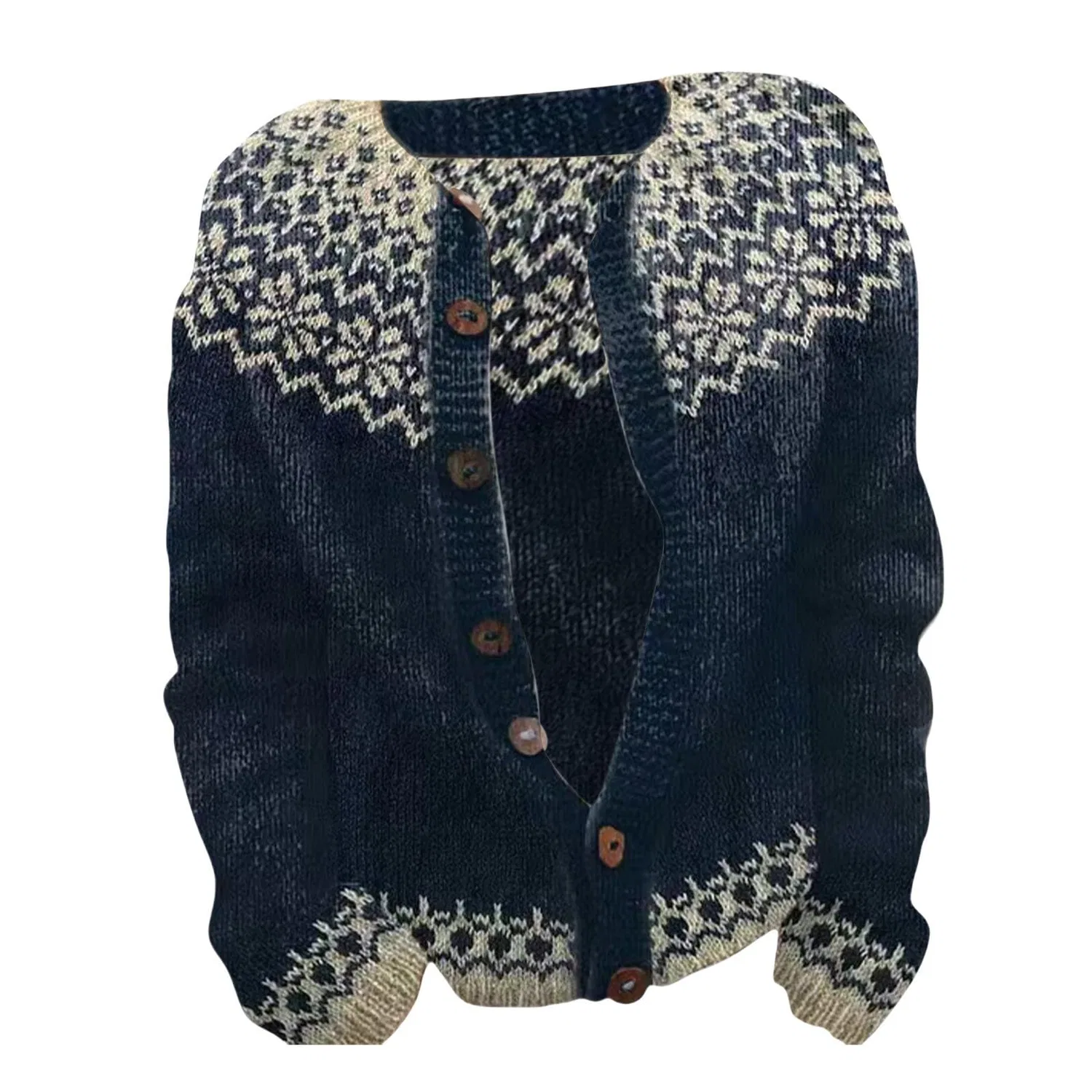Женский кардиган с нордическим узором Fair Isle с длинным рукавом, Dark Blue-g — фото 3