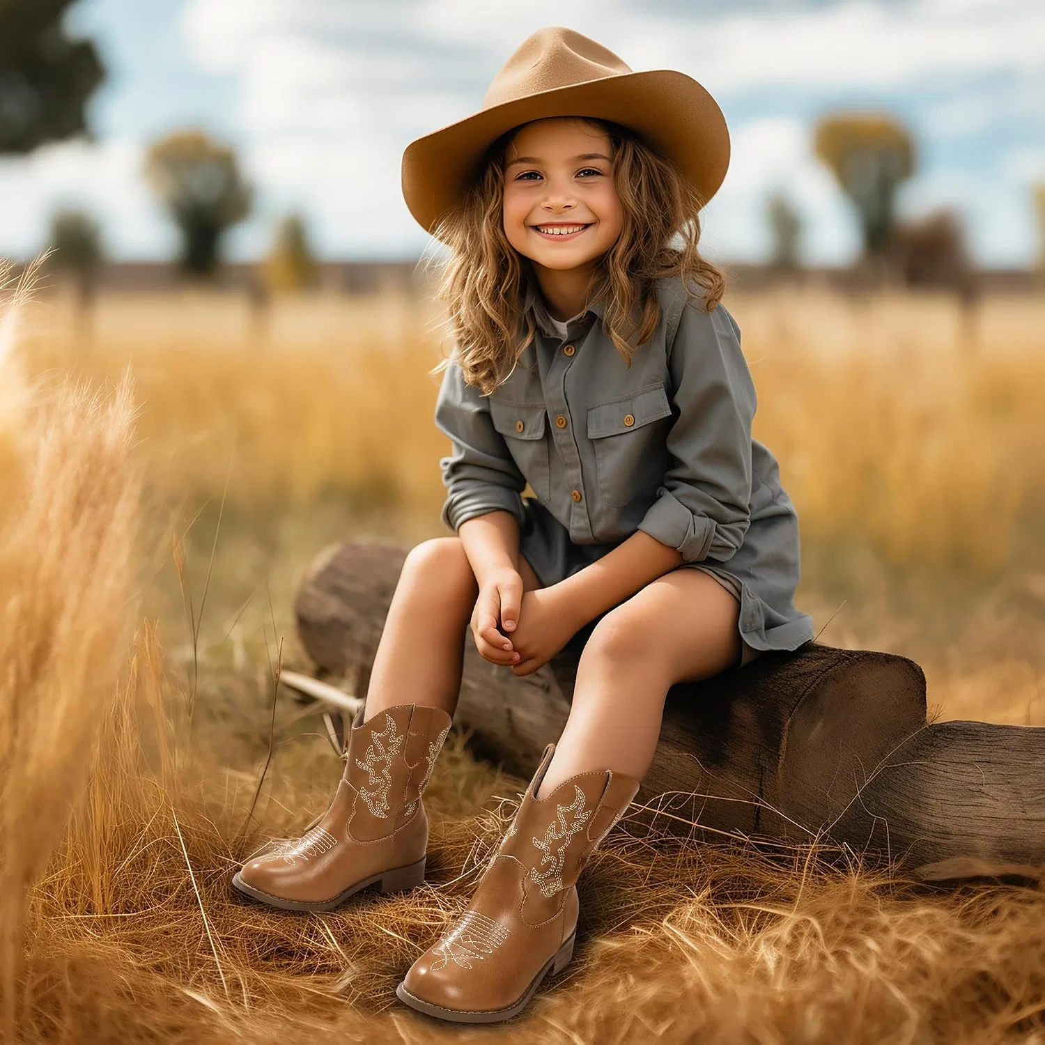 Детские сапоги для девочек с вышивкой Cowgirl Boots PANDANINJIA, Brown — фото 2