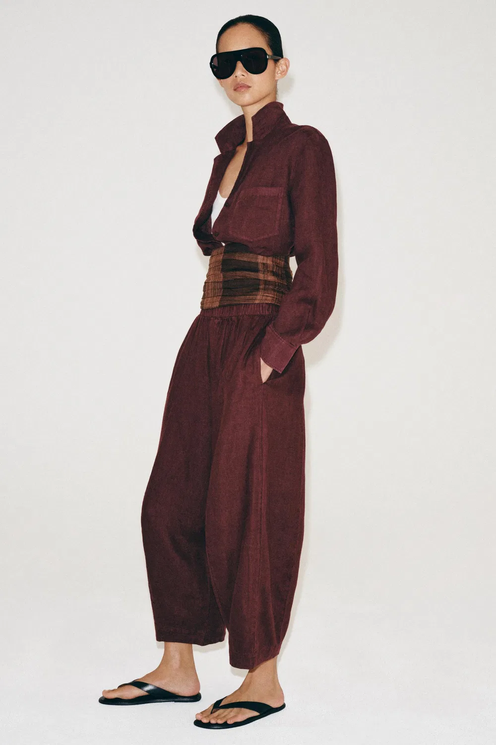 Брюки-бочки из коллекции ZW, 100% лен. ZARA, Wine — фото 2