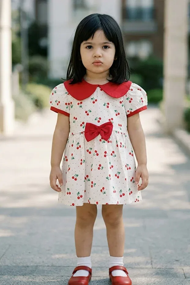 Детское платье для девочек с принтом Cherry patterned bowknot Celyse, White