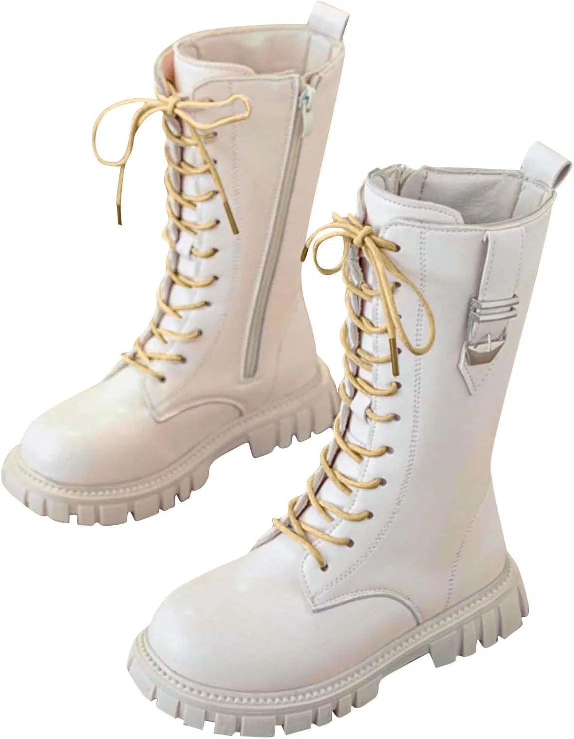 Детские зимние ботинки на меху с принтом Girls Combat Boots Fur Lined Winter Snow Boots Kids Mid Calf Leather Lace Up Goth Riding Boot with Side Zipper Zzalalana, Beige
