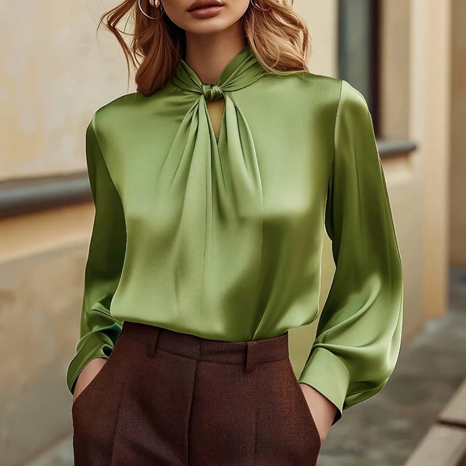 Женская блузка с длинным рукавом с бантом Elegant Work Shirt, Satin 06-mint Green — фото 2