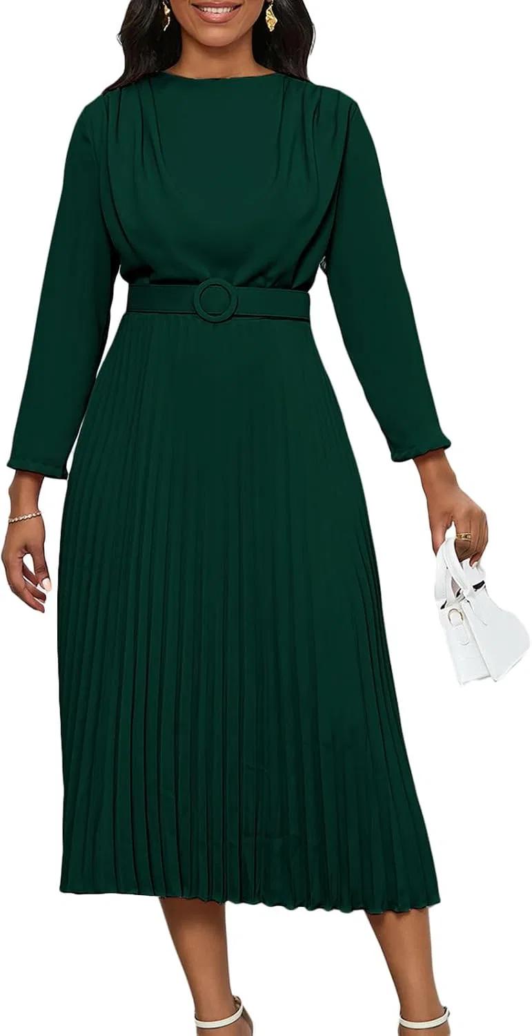 Женское платье миди с поясом A-line, Dark Green