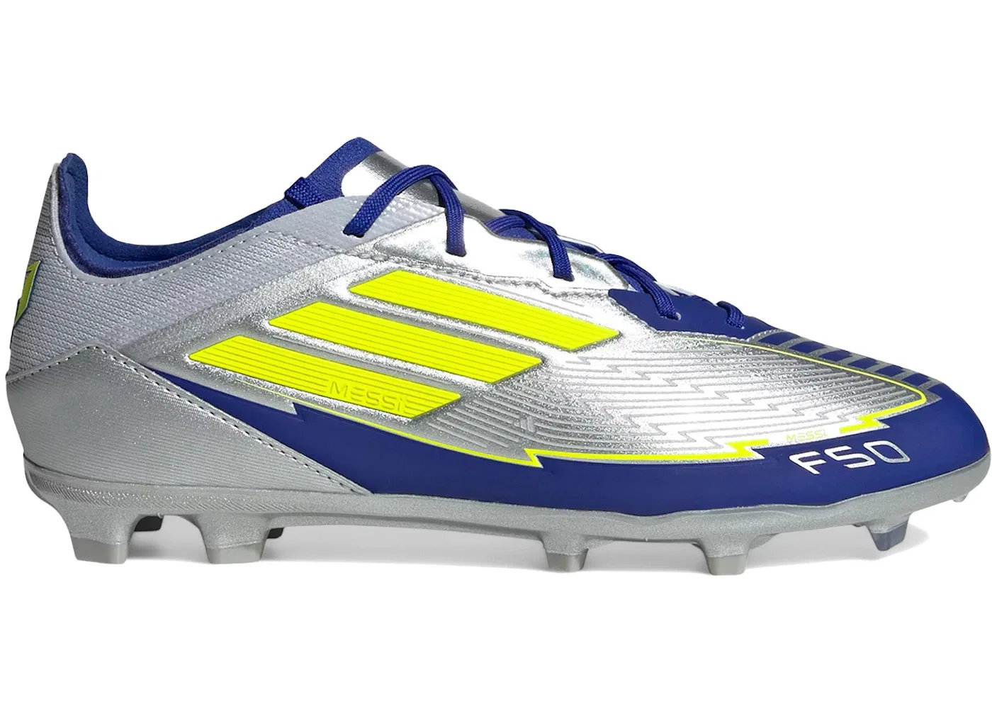 Детские бутсы Adidas F50 Pro FG, Silver Metallic Solar Yellow Lucid Blue