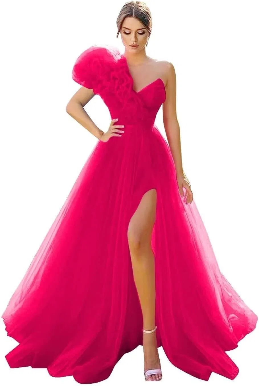 Женское вечернее платье с одним плечом из тюля с разрезом, Rose Red