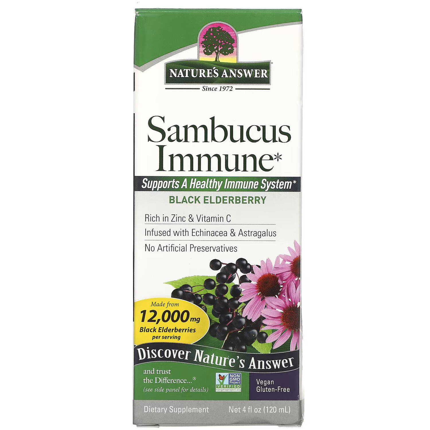 

Nature's Answer, Sambucus Immune, настой эхинацеи и астрагала, 12 000 мг, 120 мл (4 жидких унции)