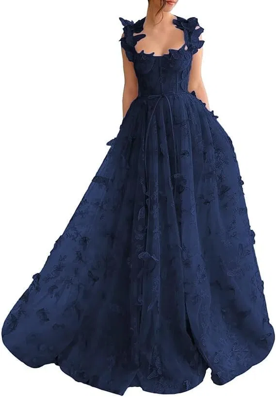 Женское вечернее платье с 3D бабочками и кружевной аппликацией Tulle, Navy Blue