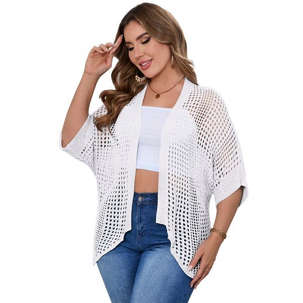 

Женский кардиган кимоно с коротким рукавом и ажурной вязкой Yesfashion, White