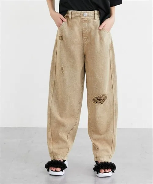 Детские джинсы с повреждениями, кривой силуэт QUNTSTYLE, Beige