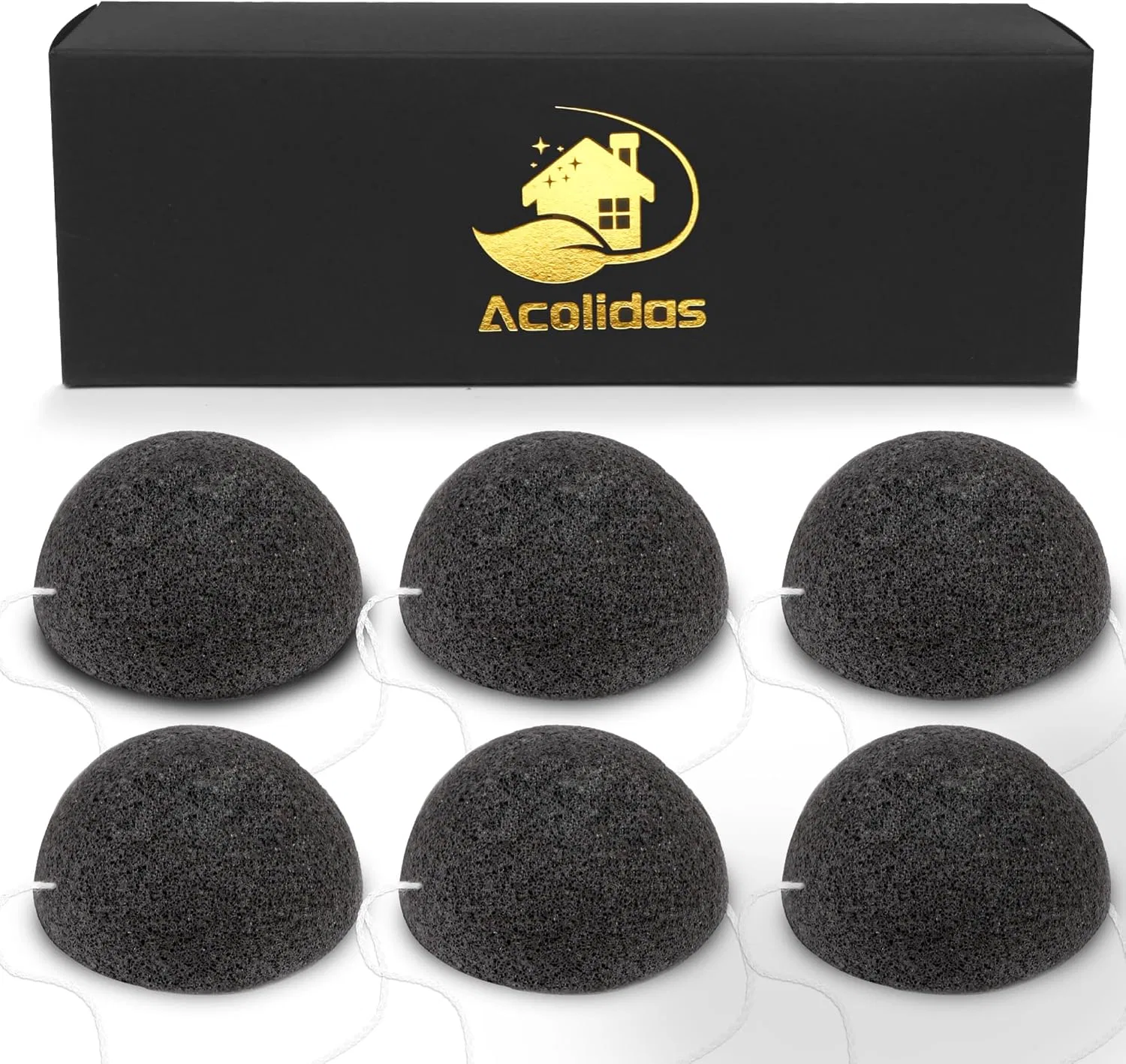 Набор конжак-спонжей для лица, Acolidas, 6 шт, Dark Grey Black