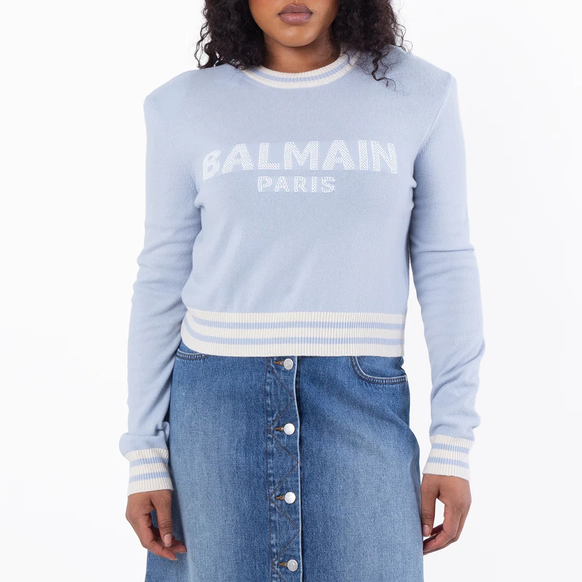 Свитер укороченный с логотипом Balmain, Sdk Bleu Pale/White