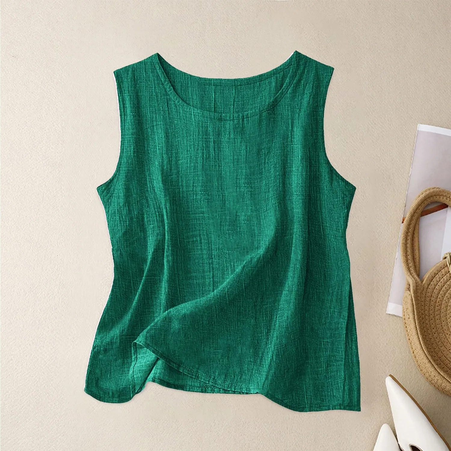 Женский топ без рукавов из хлопка и льна, Dark Green-a — фото 2