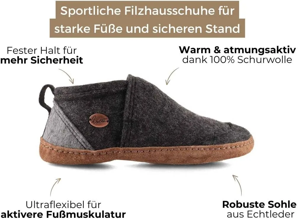 Домашние тапочки WoolFit Taiga с кожаной подошвой - современные тапочки, унисекс, размеры 36-50, темно-серый — фото 2