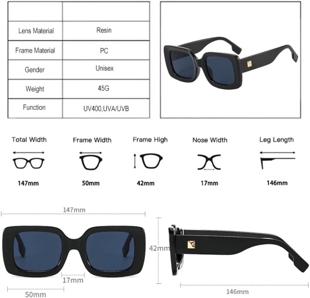 

Модные квадратные солнцезащитные очки для женщин, защита от УФ-излучения UV400, ретро-стиль, заклепки, стильные мужские солнцезащитные очки UATXTAU, Black Blue