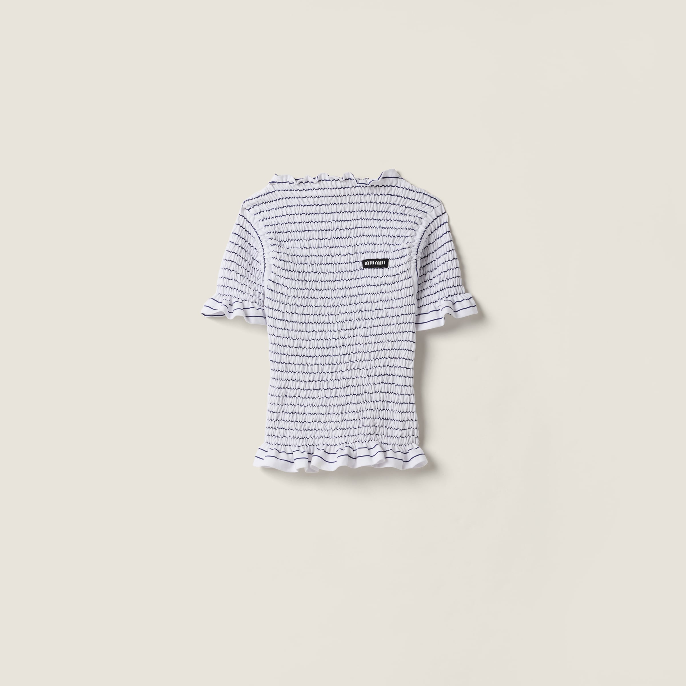 

Трикотажный топ в полоску с отделкой «смоки» MIU MIU, синий