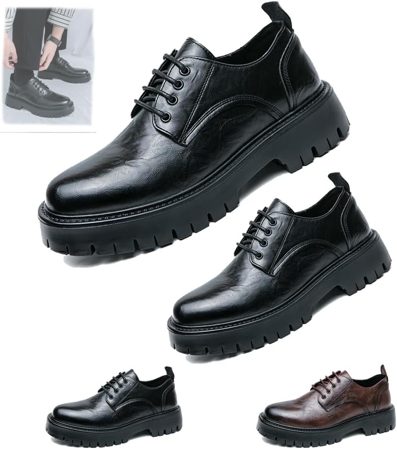 

Мужские винтажные кожаные туфли с шнуровкой на платформе, мужские туфли-оксфорды на толстой подошве, нескользящие, водонепроницаемые, для делового и официального стиля Generic, черный