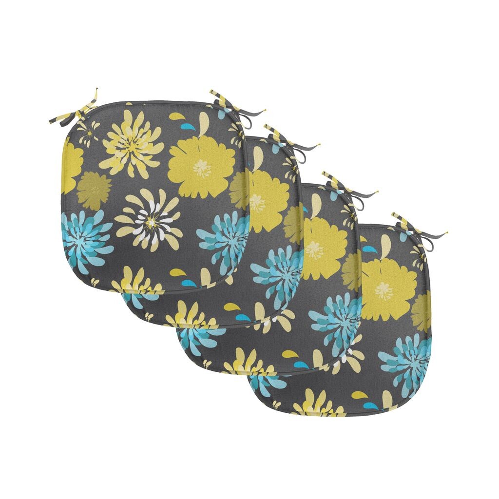 

Подушки на обеденный стул ABAKUHAUS с цветочным принтом, дизайн «Жасминовый пион», декоративная водонепроницаемая подушка с ремнями для кухонных сидений, 40 см x 40 см — упаковка из 4 шт., угольно-серый желтый