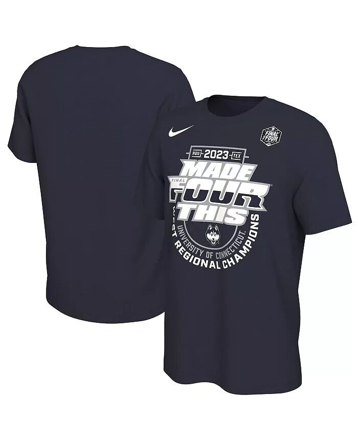 

Мужская и женская футболка темно-синего цвета UConn Huskies 2023 NCAA для мужского баскетбольного турнира «Финал четырех региональных чемпионов» «Мартовское безумие» в раздевалке Nike